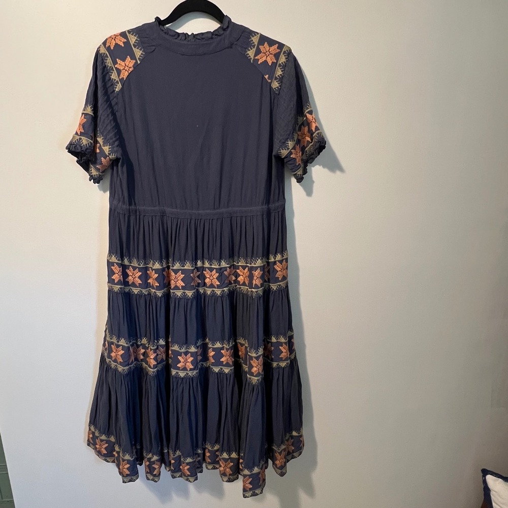 Ivy City Co Navy Blue Embroidered Cotton Gauze Tiered Midi Dress Boho Womens L - Picture 7 of 10